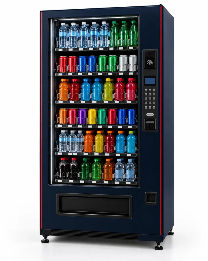Illustrative navy beverage vending machine with red trim and shelves of bottled water and canned drinks