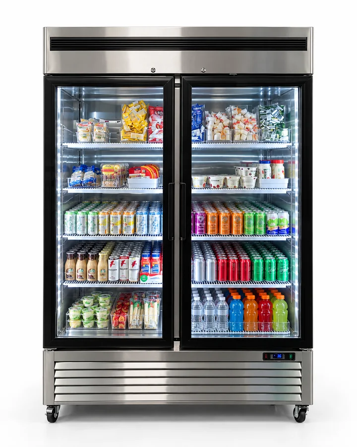 Illustrative full-height double-door glass cooler stocked with packaged snacks and drinks