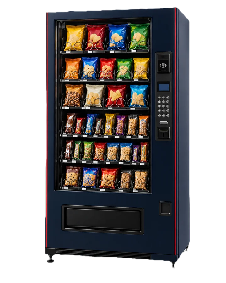 Illustrative navy snack vending machine with red trim, glass-front spiral shelves, and a cashless reader